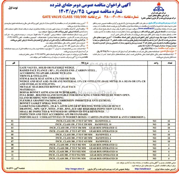 مناقصه GATE VALVE CLASS