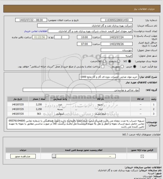 استعلام خرید مواد غذایی تعمیرات دوره ای گاز و گاز مایع 1000