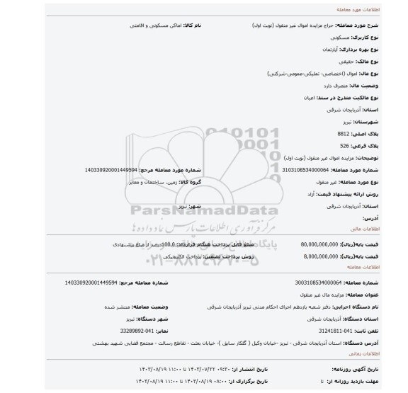 مزایده، مزایده اموال غیر منقول (نوبت اول)