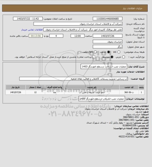 استعلام عملیات نصب انشعاب درسطح اموردرگز 1403