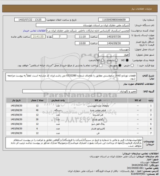 استعلام قطعات تورنادو کالای درخواستی مطابق با تقاضای شماره 0332280 می باشد.ایران کد مشابه است. لطفاً به پیوست مراجعه شود.