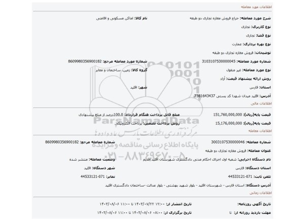 مزایده، فروش مغازه تجاری دو طبقه