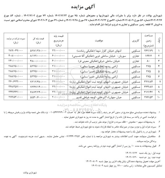 مزایده فروش 12 قطعه زمین مسکونی و تجاری 