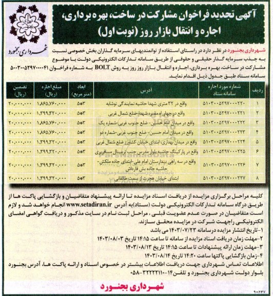 تجدید فراخوان مناقصه و مزایده مشارکت در ساخت، بهره برداری، اجاره و انتقال بازار روز