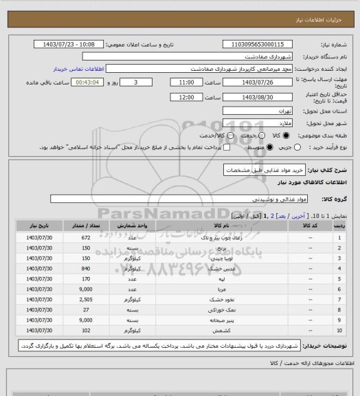 استعلام خرید مواد غذایی طبق مشخصات