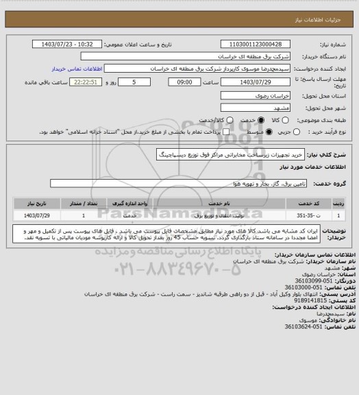 استعلام خرید تجهیزات زیرساخت مخابراتی مراکز فوق توزیع دیسپاچینگ