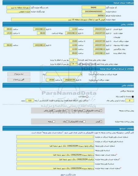 مزایده ، فروش 9 مورد از املاک شهرداری منطقه 10 تبریز -مزایده مغازه  - استان آذربایجان شرقی