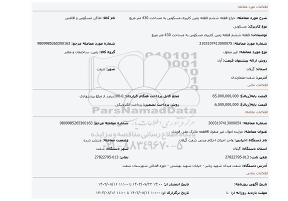 مزایده، قطعه ششم قطعه زمین کاربری مسکونی به مساحت 430 متر مربع