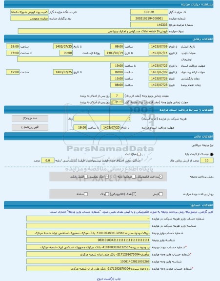 مزایده ، فروش16 قطعه املاک مسکونی و تجاری و زراعی -مزایده زمین  - استان آذربایجان غربی