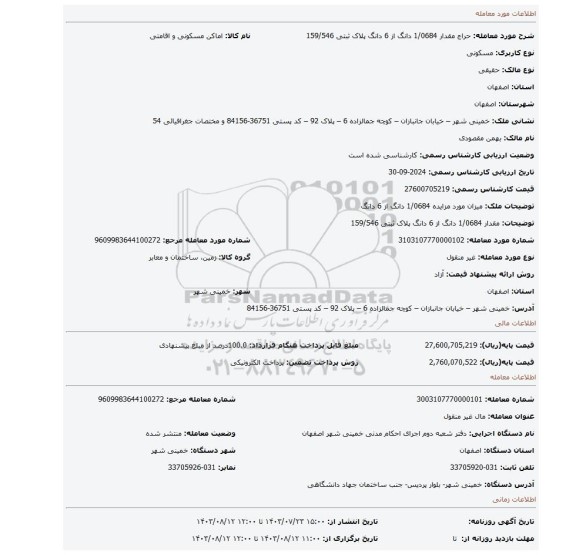 مزایده، مقدار 1/0684 دانگ از 6 دانگ پلاک ثبتی 159/546