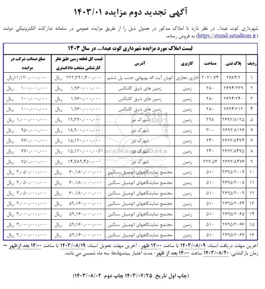 تجدید دوم مزایده فروش املاک