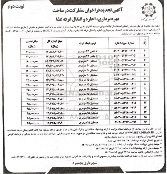 تجدید فراخوان مناقصه و مزایده مشارکت در ساخت، بهره برداری، اجاره و انتقال غرفه غذا  نوبت دوم