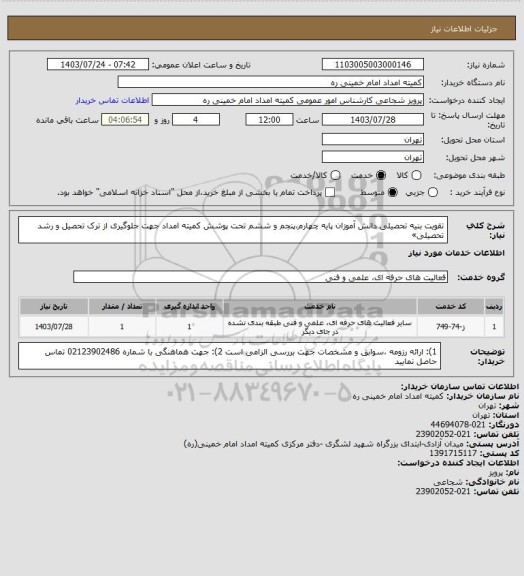 استعلام تقویت بنیه تحصیلی دانش آموزان پایه چهارم،پنجم و ششم تحت پوشش کمیته امداد جهت جلوگیری از ترک تحصیل و رشد تحصیلی»