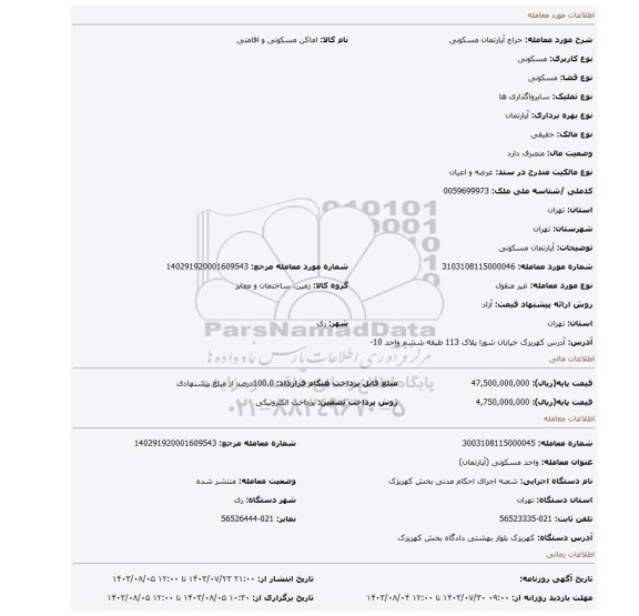 مزایده، آپارتمان مسکونی