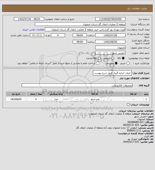 استعلام ادوات اندازه گیری طبق شرح پیوست