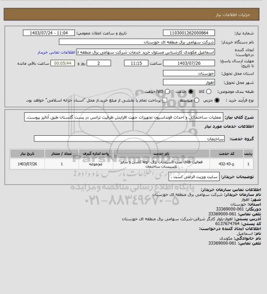 استعلام عملیات ساختمانی و احداث فونداسیون تجهیزات جهت افزایش ظرفیت ترانس  در پست گلستان طبق آنالیز پیوست.