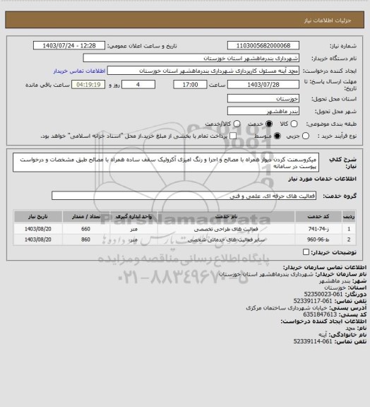 استعلام میکروسمنت کردن دیوار همراه با مصالح و اجرا و رنگ امیزی آکرولیک سقف ساده همراه با مصالح طبق مشخصات و درخواست پیوست در سامانه