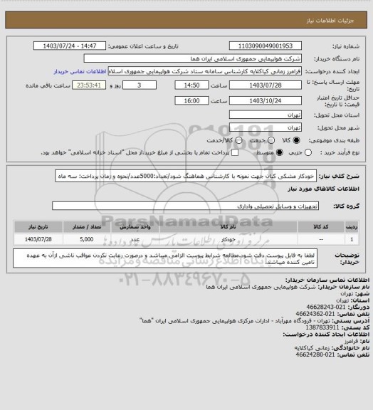 استعلام خودکار مشکی کیان جهت نمونه با کارشناس هماهنگ شود/تعداد:5000عدد/نحوه و زمان پرداخت: سه ماه