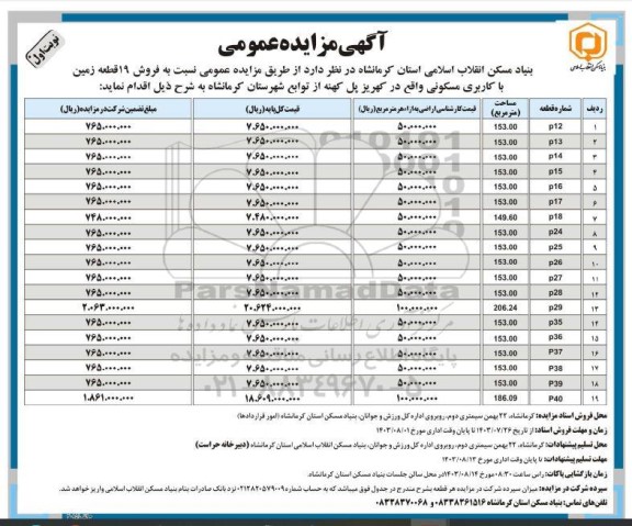  مزایده فروش 19 قطعه زمین با کاربری مسکونی 