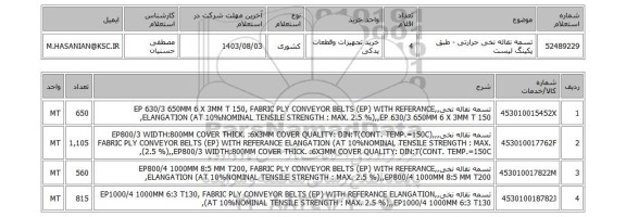 استعلام تسمه نقاله نخی حرارتی - طبق پکینگ لیست