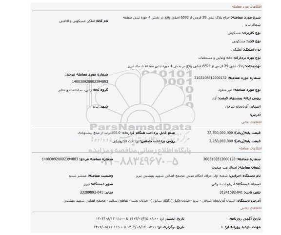 مزایده، پلاک ثبتی 29 فرعی از 6592 اصلی واقع در بخش 4 حوزه ثبتی منطقه شمال تبریز