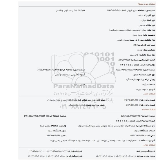 مزایده، فروش قطعات 1-2-3-4-5-6-8