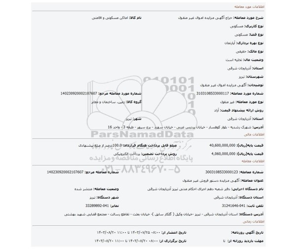 مزایده، آگهـی مـزایده امـوال غیـر منقـول