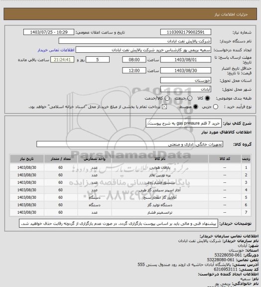 استعلام خرید 7 قلم gas pressure به شرح پیوست.