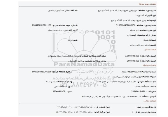 مزایده، زمین معروف به در قلا حدود 240 متر مربع