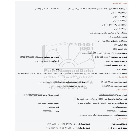 مزایده، مزایده پلاک ثبتی 1961 فرعی از 160 اصلی(تقسیم ترکه)