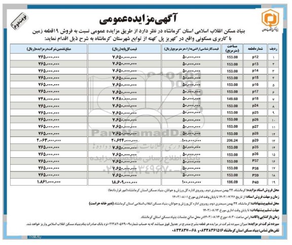  مزایده فروش 19 قطعه زمین با کاربری مسکونی  - نوبت دوم