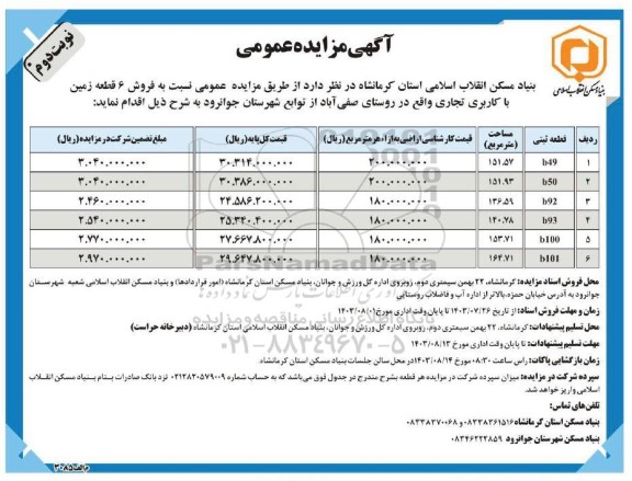 مزایده فروش 6 قطعه زمین با کاربری تجاری  نوبت دوم 