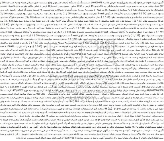 مزایده ششدانگ یک دستگاه آپارتمان مسکونی واقع در سمت جنوب شرقی طبقه اول به مساحت (09 / 77) هفتاد وهفت متر 