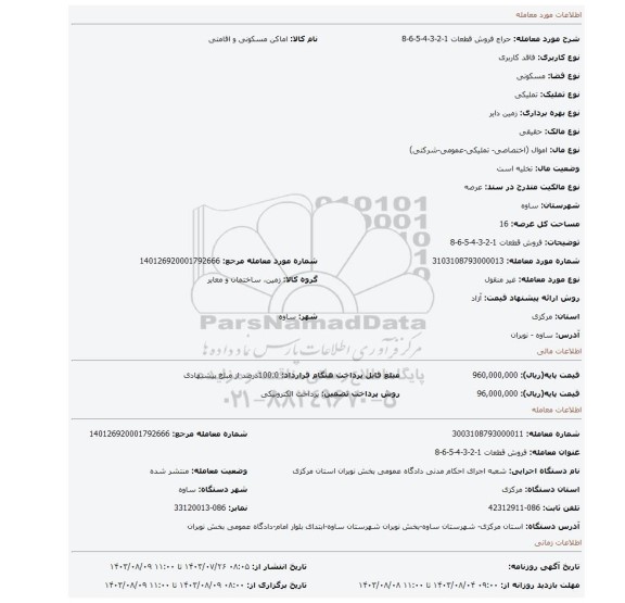 مزایده، فروش قطعات 1-2-3-4-5-6-8