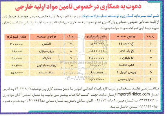 آگهی دعوت به همکاری در خصوص تامین مواد اولیه خارجی (نخ نایلون 66، نخ پلی استر و...)