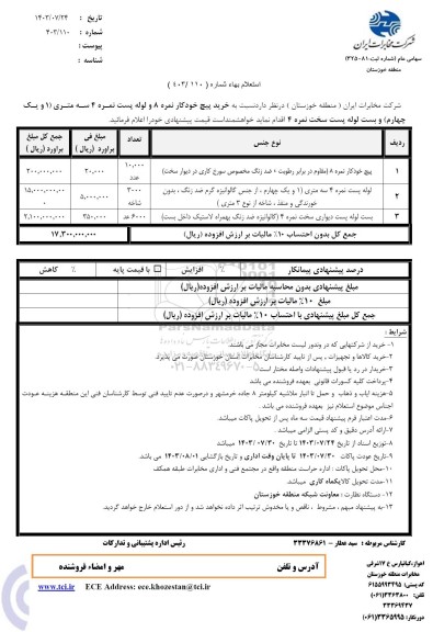 استعلام خرید پیچ خودکار نمره 8 و لوله پست نمره 4 سه متری (1 و یک چهارم) و..