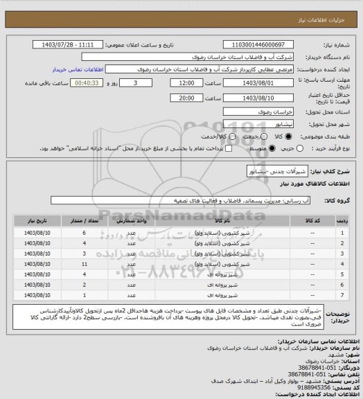 استعلام شیرآلات چدنی -نیشابور