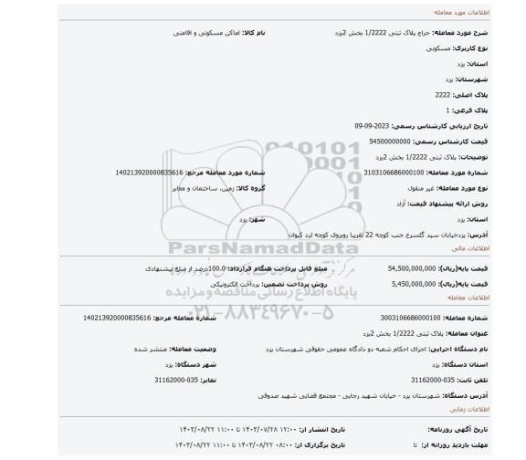 مزایده، پلاک ثبتی 1/2222 بخش 2یزد