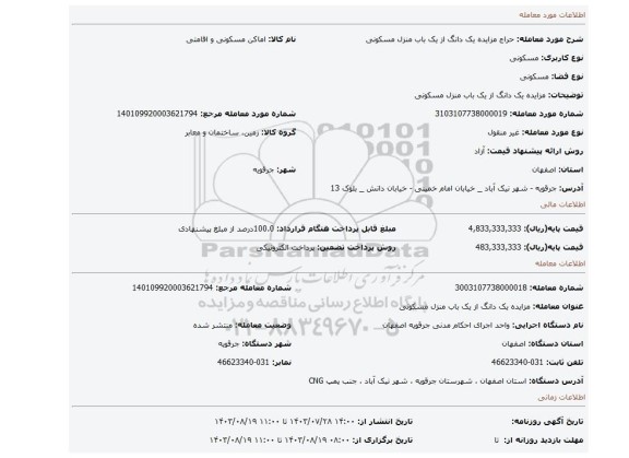 مزایده، مزایده یک دانگ از یک باب منزل مسکونی