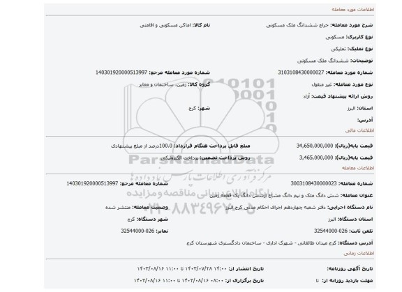 مزایده، ششدانگ ملک مسکونی