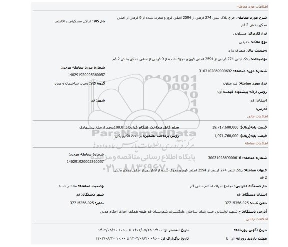 مزایده، پلاک ثبتی 274 فرعی از 2594 اصلی فروز و مجزی شده از 9 فرعی از اصلی مذکور بخش 2 قم