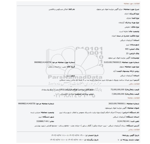 مزایده، آگهی مزایده اموال غیر منقول