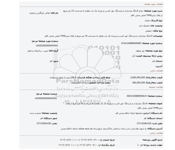 مزایده، 4دانگ مشاع از ششدانگ حق کسب و پیشه یک باب مغازه به مساحت 15 متر مربع از پلاک ثبتی7449 اصلی بخش 1قم