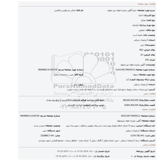 مزایده، آگهی مزایده اموال غیر منقول