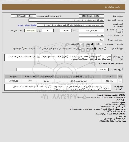 استعلام اجاره 1دستگاه لودر(90) یا معادل آن باراننده بمدت (30روز)  300 ساعت جهت مرمت و بازسازی جاده های مناطق  عشایری شهرستان ایذه  طبق شرح استعلام بها پیستی