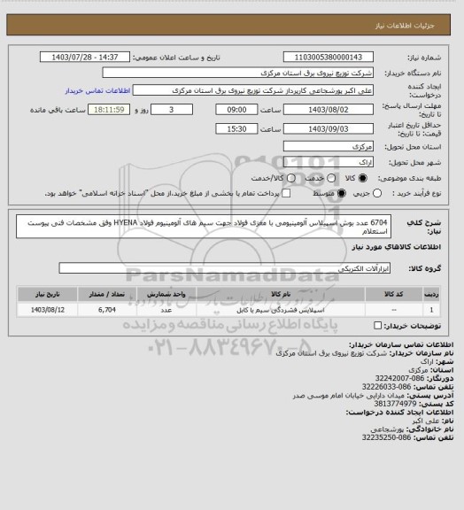 استعلام 6704 عدد بوش اسپیلاس آلومینیومی با مغزی فولاد جهت سیم های آلومینیوم فولاد HYENA وفق مشخصات فنی پیوست استعلام