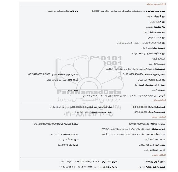 مزایده، ششدانگ ماکیت  یک باب مغازه  به پلاک ثبتی 2/2857