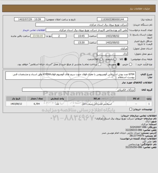 استعلام 6704 عدد بوش اسپیلاس آلومینیومی با مغزی فولاد جهت سیم های آلومنیوم فولادHYENA وفق اسناد و مشخصات فنی پیوست استعلام