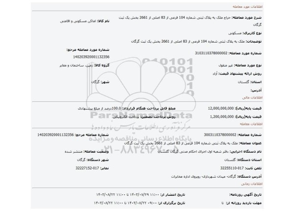 مزایده، ملک به پلاک ثبتی شماره 104 فرعی از 83 اصلی از 2661 بخش یک ثبت گرگان