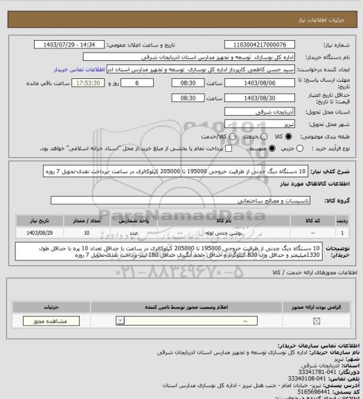 استعلام 10 دستگاه دیگ چدنی از ظرفیت خروجی 195000 تا 205000 کیلوکالری در ساعت -پرداخت نقدی-تحویل 7 روزه